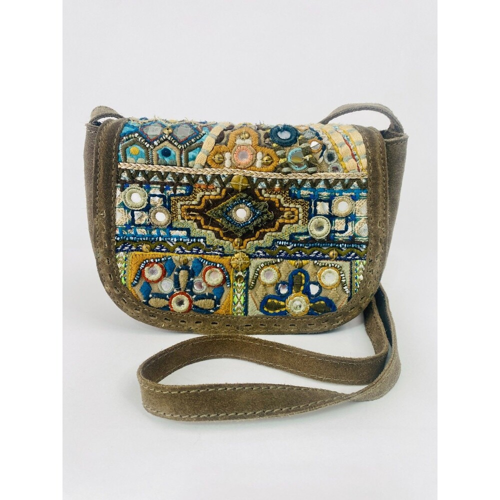 Y2K Accessorize Green Suede Boho Embroidery Mirror Tribal Crossbody
